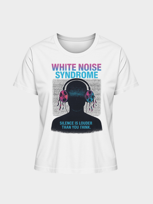 Vyfinity White Noise Syndrome T-Shirt in Weiß mit futuristischem Kopfhörer-Motiv, Störsignal-Design und Slogan „Silence is louder than you think.“ – Statement Streetwear im Cyberpunk-Look.