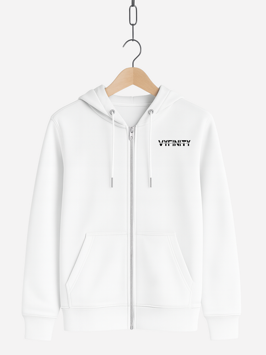 Vyfinity Zipper Hoodie Weiß – Unisex Kapuzenjacke mit schwarzem Vyfinity Frontprint moderner Streetwear Stil