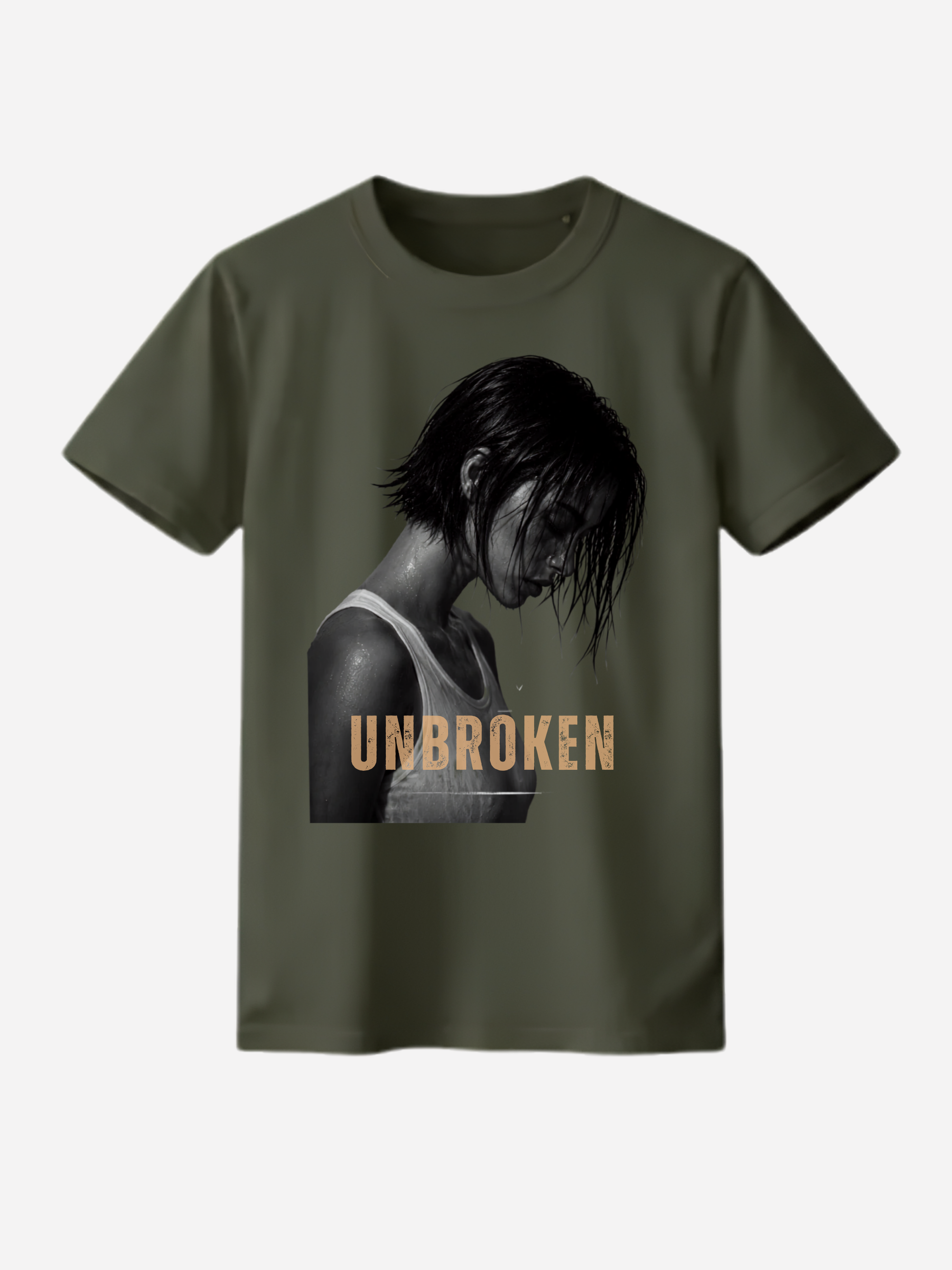 Olivgrünes UNBROKEN Damen T-Shirt mit emotionalem Frauenmotiv und goldener Schrift. Modernes Fashion und Streetwear Shirt mit hochwertigem Druck und minimalistischer Ästhetik.