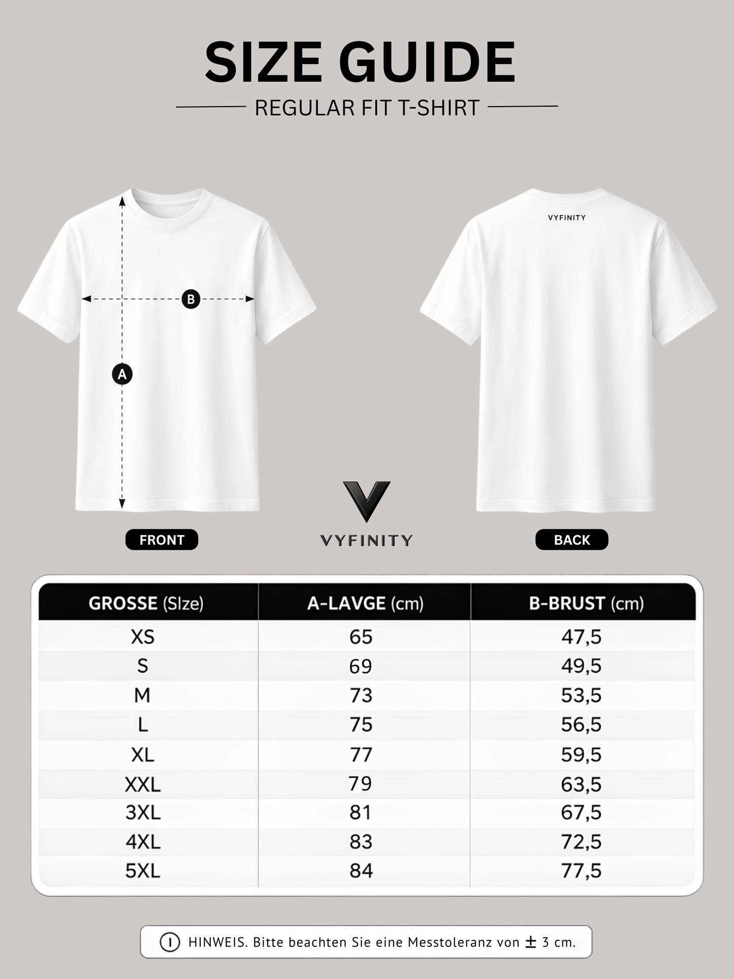 Vyfinity Regular Fit T-Shirt Größentabelle mit Front- und Rückansicht, Maßanleitung sowie Größen XS bis 5XL für die passende Passform.