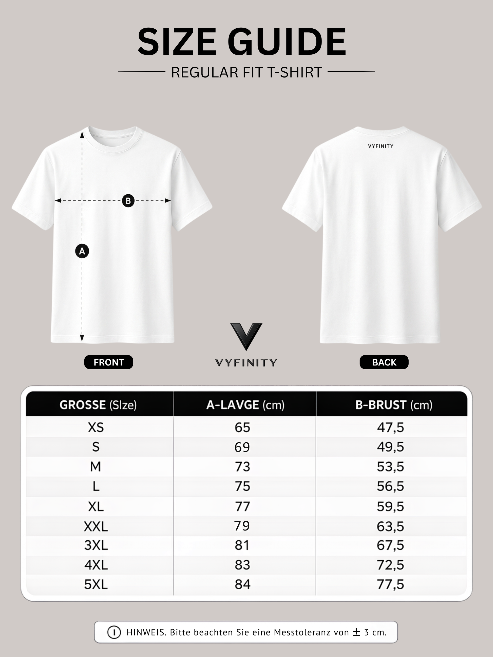Vyfinity Regular Fit T-Shirt Größentabelle mit Front- und Rückansicht, Maßanleitung sowie Größen XS bis 5XL für die passende Passform.