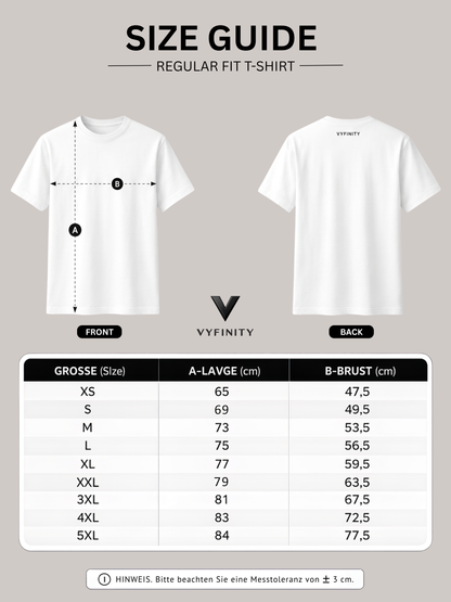 Vyfinity Regular Fit T-Shirt Größentabelle mit Front- und Rückansicht, Maßanleitung sowie Größen XS bis 5XL für die passende Passform.