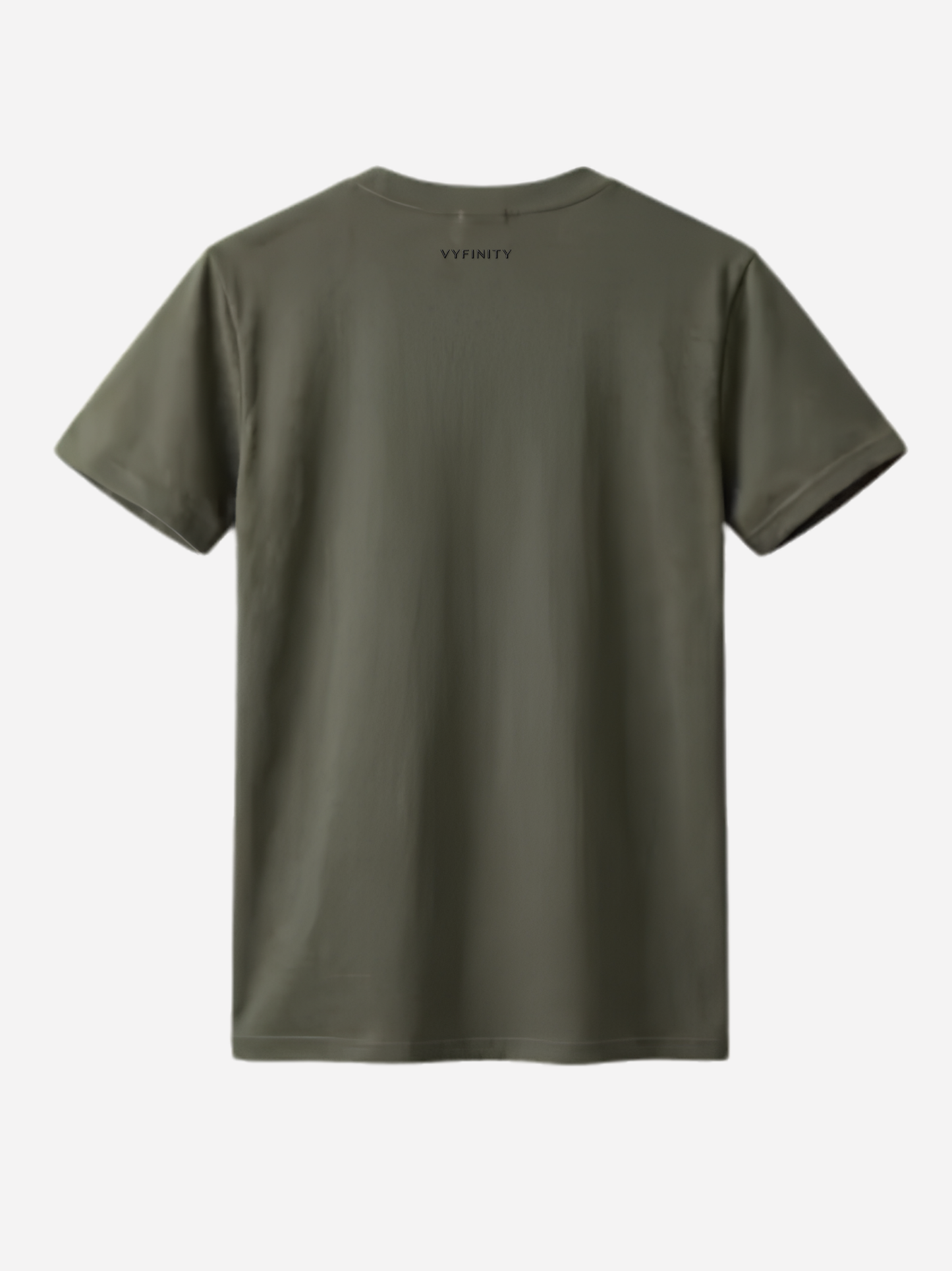 Olivgrünes Damen T-Shirt Rückansicht mit kleinem Vyfinity Nackenlogo. Zeitloses Streetwear Fashion Shirt aus hochwertiger Baumwolle mit modernem und minimalistischem Look.