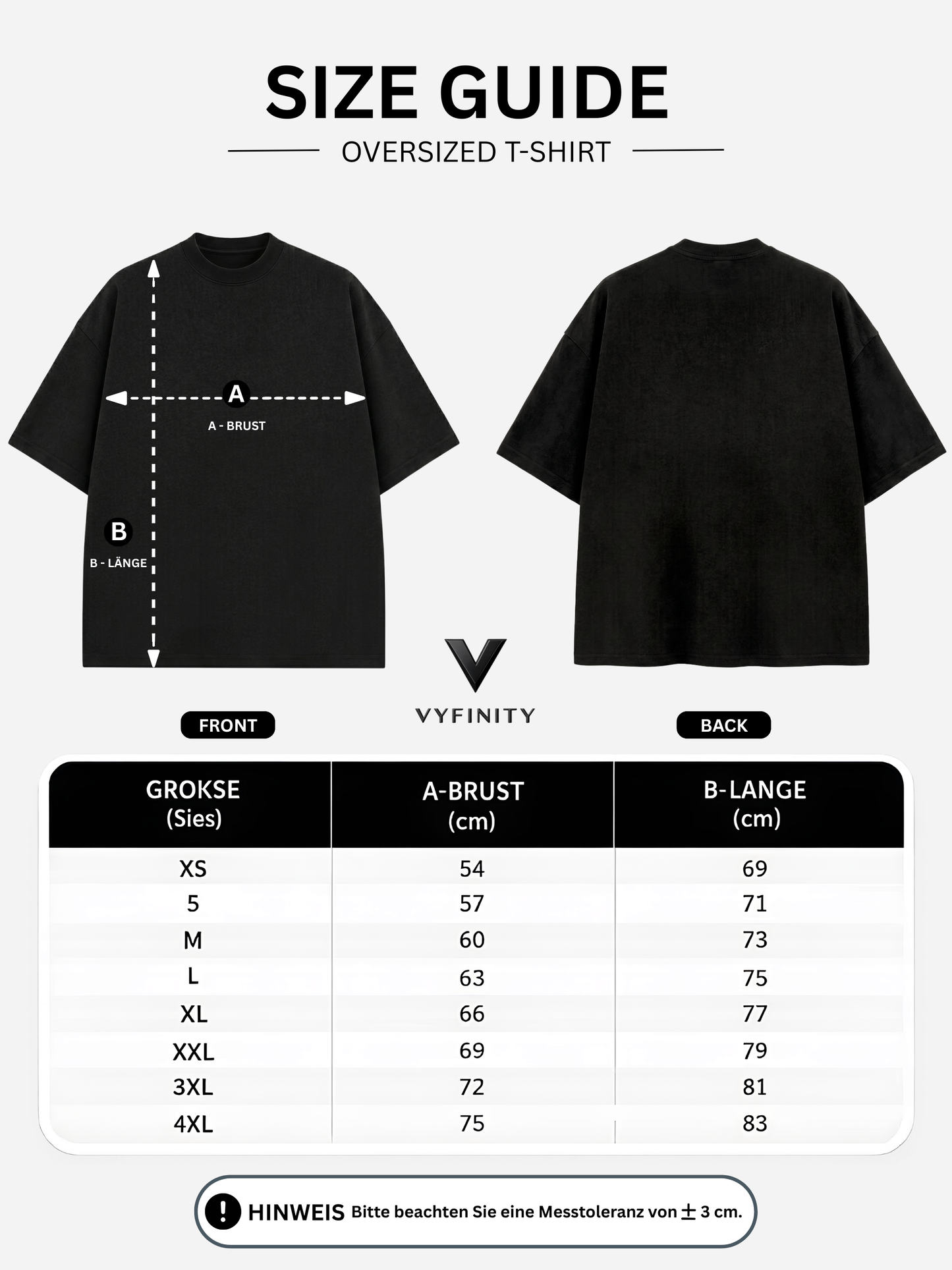 Size Guide für Vyfinity Oversized T-Shirt mit Front- und Rückenansicht sowie Größentabelle für Brustweite und Länge von XS bis 4XL.