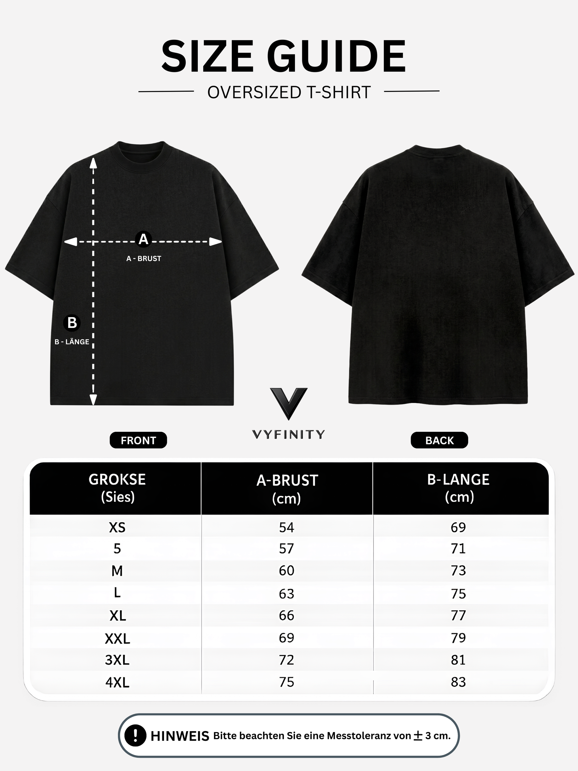 Size Guide für Vyfinity Oversized T-Shirt mit Front- und Rückenansicht sowie Größentabelle für Brustweite und Länge von XS bis 4XL.