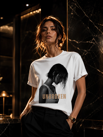 Frau im weißen UNBROKEN T-Shirt mit emotionalem Frauenmotiv und goldener Schrift. Modernes Damen Streetwear Shirt mit hochwertigem Druck und elegantem Lifestyle-Look.