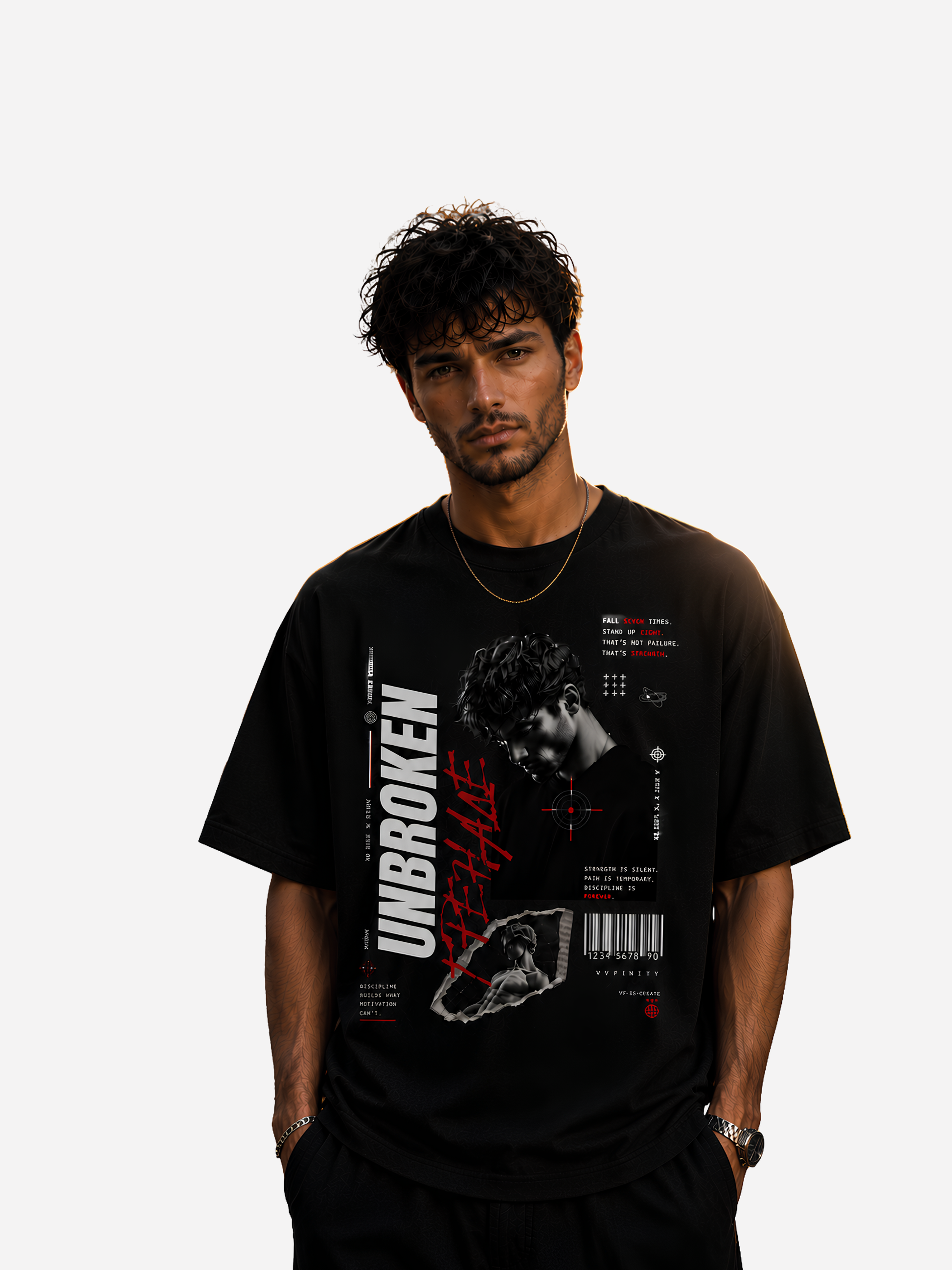 Junger Mann trägt ein schwarzes Vyfinity Oversized T-Shirt mit dem „Unbroken“ Frontprint. Das grafische Streetwear-Design kombiniert ein monochromes Porträt, rote Typografie, Barcode, technische Elemente und motivierende Botschaften im modernen Urban-Style. Premium Baumwollshirt für Damen und Herren mit lockerem Oversized Fit.