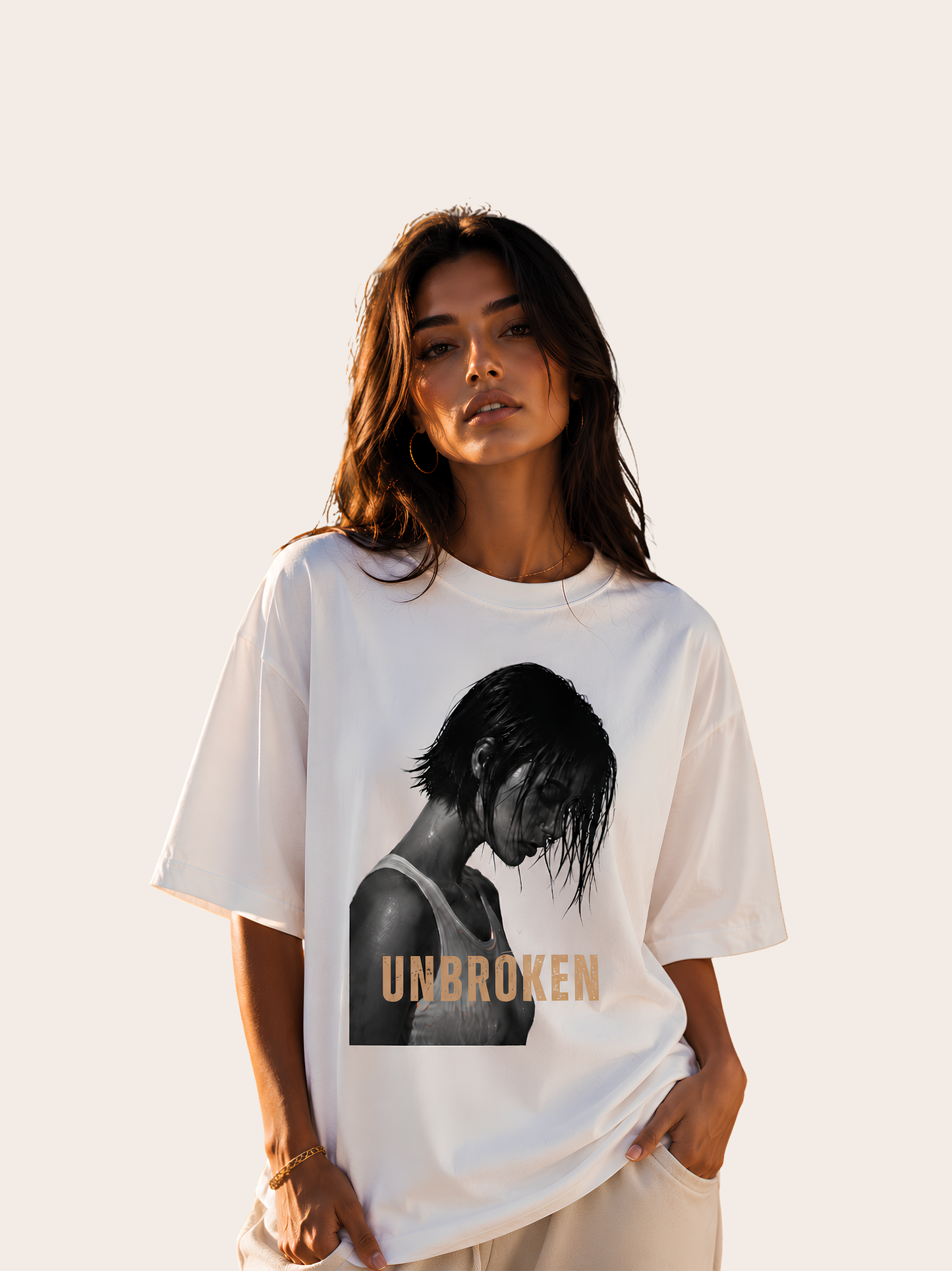 Junge Frau trägt ein weißes Vyfinity Relaxed Fit Unisex T-Shirt mit UNBROKEN Frontprint. Premium Baumwollshirt mit schwarz-weißem Frauenporträt und beigem Schriftzug „UNBROKEN“ im modernen minimalistischen Streetwear Look.