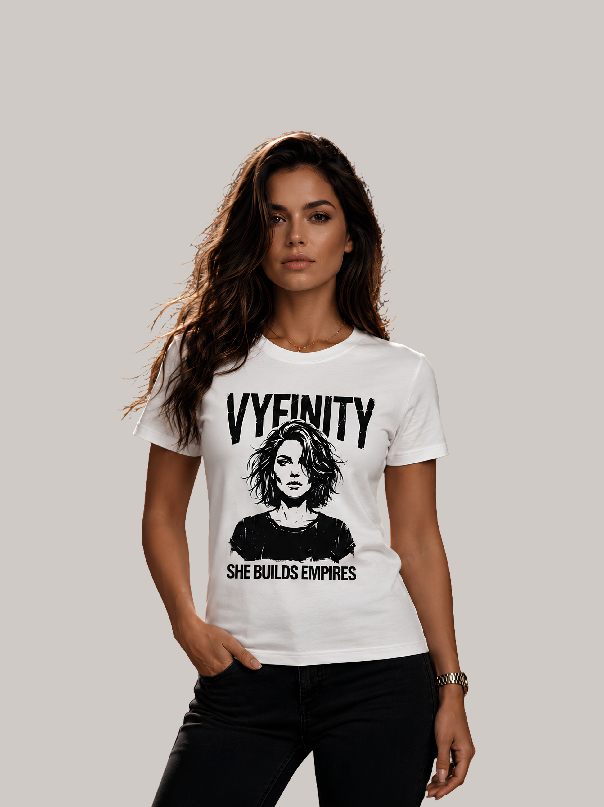 Frau im weißen Vyfinity Damen T-Shirt mit SHE BUILDS EMPIRES Motiv und schwarz-weißem Frauenporträt. Modernes Fashion und Streetwear Shirt aus hochwertiger Baumwolle.
