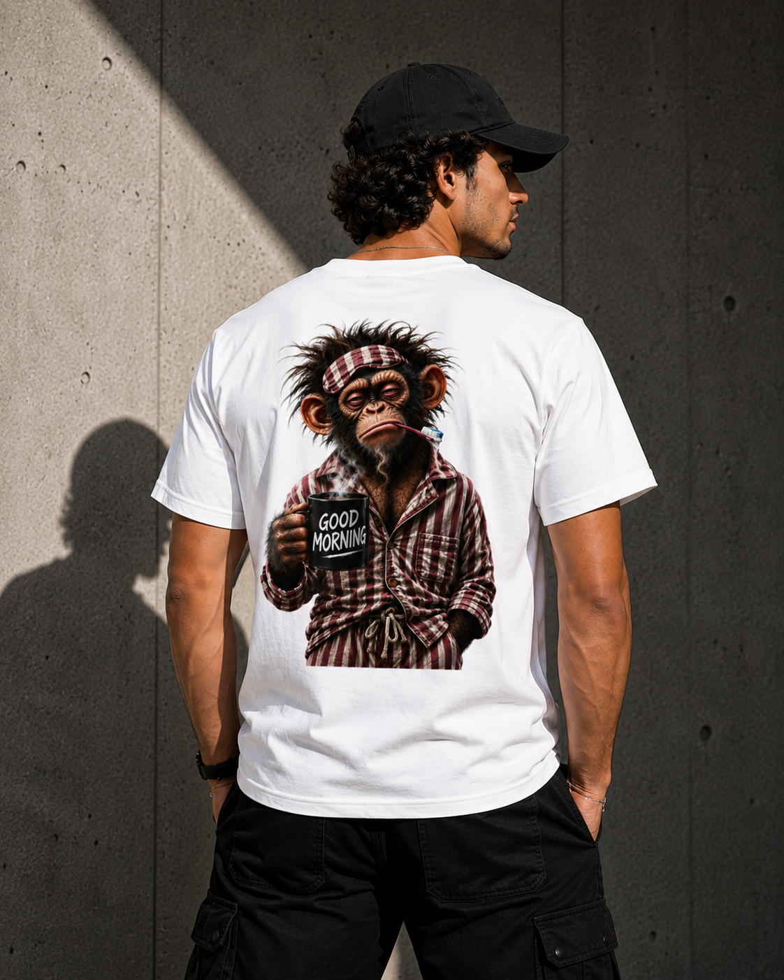 Männliches Model in Rückansicht mit weißem VYFINITY T-Shirt und schwarzer Cap. Großer Rückenprint mit müdem Affen im karierten Pyjama, Zahnbürste und dampfender „GOOD MORNING“-Kaffeetasse, vor moderner Betonwand im Sonnenlicht.