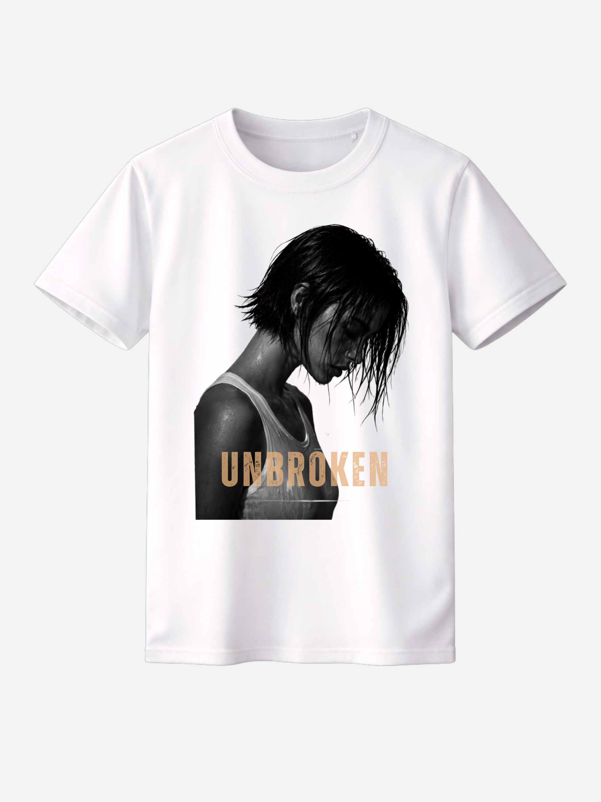 UNBROKEN Damen T-Shirt in Weiß mit schwarz-weißem Frauenporträt, goldener Typografie und motivierendem Statement. Modernes Streetwear Shirt aus Baumwolle mit stilvollem Fashion Print und Premium Design.