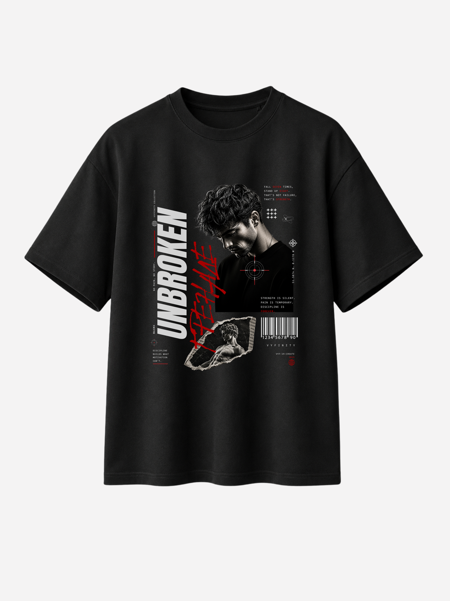 Schwarzes Vyfinity Oversized T-Shirt mit „Unbroken“ Frontprint. Das moderne Streetwear-Design zeigt ein monochromes Männerporträt kombiniert mit roter Typografie, Barcode, technischen Grafikelementen und inspirierenden Statements. Premium Baumwollshirt im Urban- und Luxury-Streetwear-Stil für Damen und Herren.