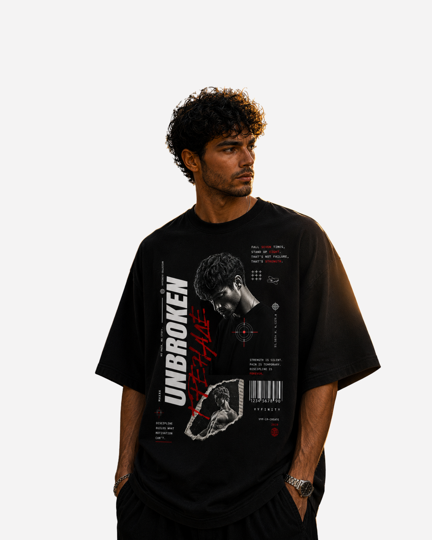 Junger Mann trägt ein schwarzes Vyfinity Oversized T-Shirt mit großem „Unbroken“ Frontprint. Das Premium Streetwear-Design kombiniert ein monochromes Männerporträt, rote Typografie, Barcode, technische Grafikelemente und motivierende Statements auf hochwertiger Baumwolle. Modernes Urban Fashion T-Shirt mit lockerem Oversized Fit für Damen und Herren.