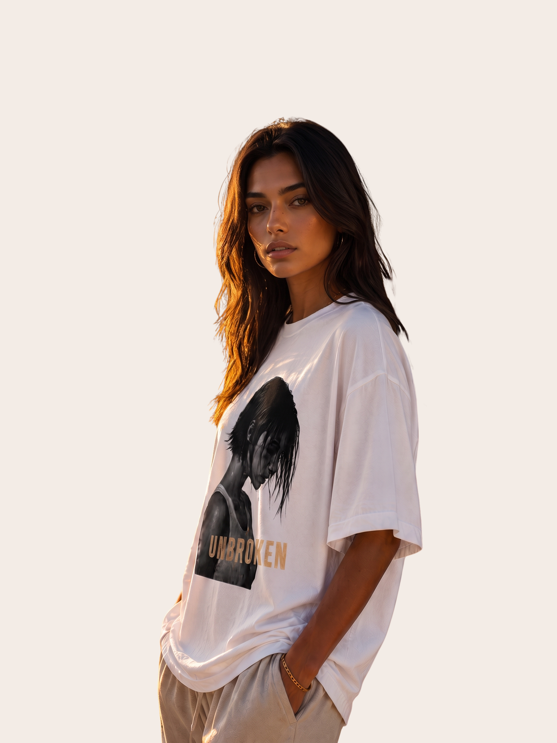 Junge Frau trägt ein weißes Vyfinity Relaxed Fit Unisex T-Shirt mit UNBROKEN Frontprint in Seitenansicht. Premium Baumwollshirt mit schwarz-weißem Frauenporträt und beigem Schriftzug „UNBROKEN“ im modernen minimalistischen Streetwear Stil.