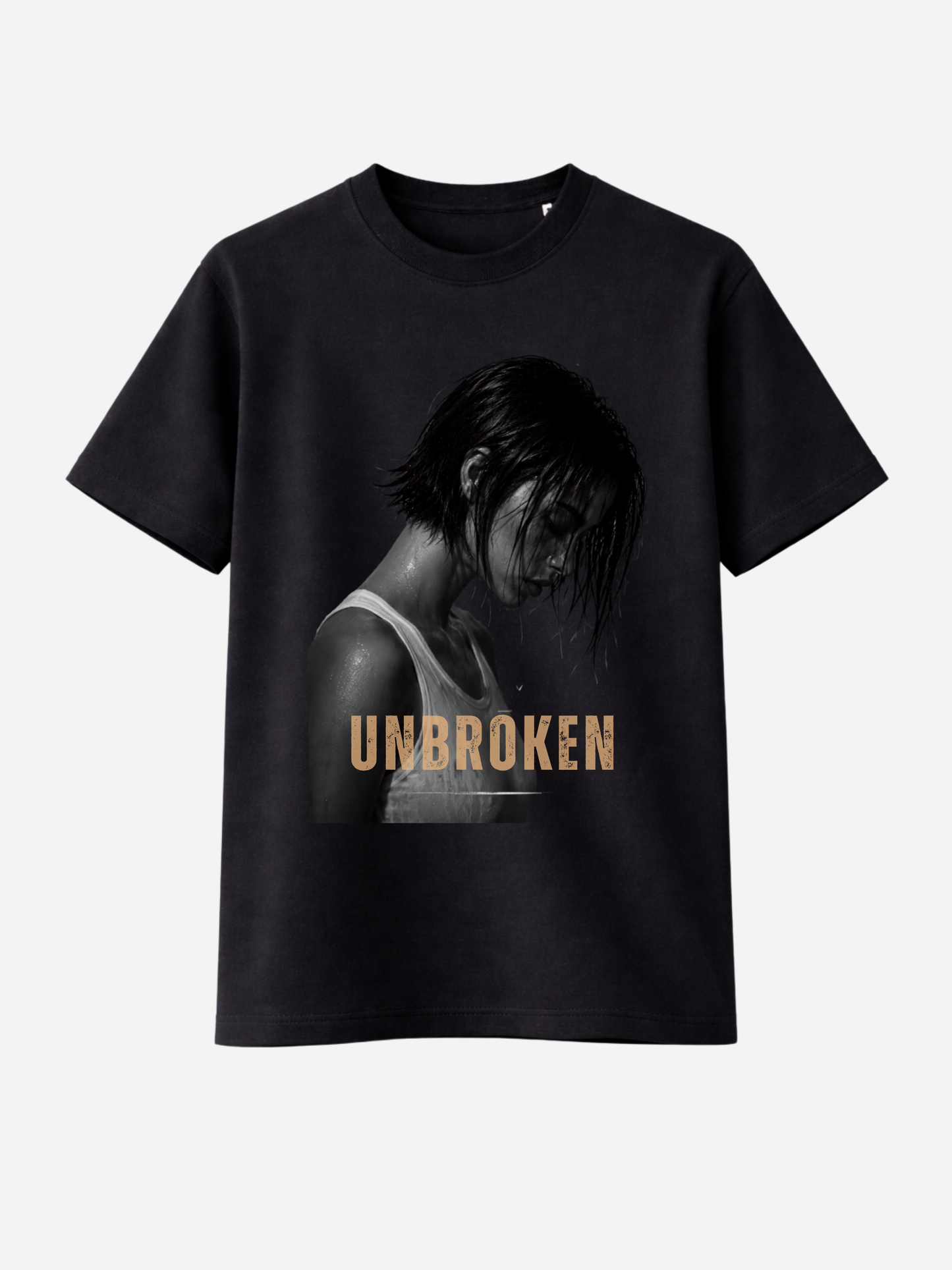 Schwarzes UNBROKEN Damen T-Shirt mit emotionalem Frauenmotiv und goldener Schrift. Modernes Fashion und Streetwear Shirt mit hochwertigem Druck und minimalistischer Ästhetik.