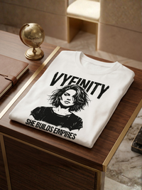 Gefaltetes weißes Vyfinity Damen T-Shirt mit SHE BUILDS EMPIRES Print auf hochwertigem Holztisch. Premium Baumwollshirt im minimalistischen Streetwear- und Empowerment-Design.