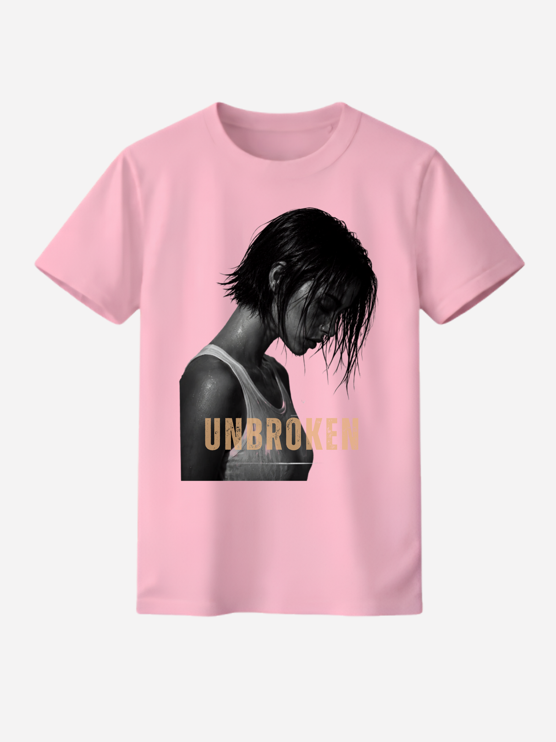 Rosa UNBROKEN Damen T-Shirt mit emotionalem Frauenmotiv und goldener Schrift. Modernes Fashion und Streetwear Shirt mit hochwertigem Druck und minimalistischer Ästhetik.