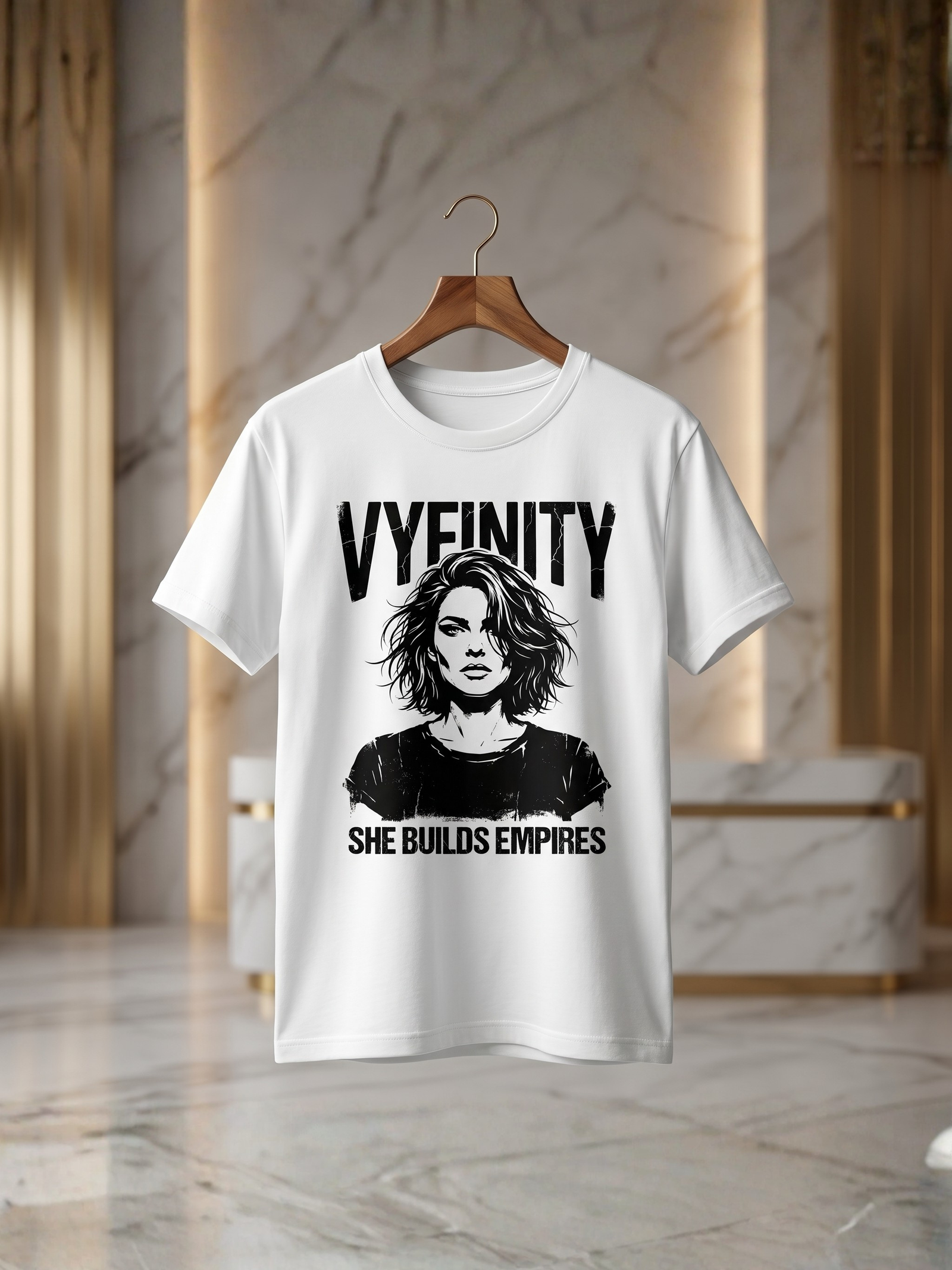 Weißes Vyfinity Damen T-Shirt mit SHE BUILDS EMPIRES Print auf Holzkleiderbügel. Hochwertiges Baumwollshirt mit modernem Streetwear- und Empowerment-Design in luxuriöser Produktpräsentation.