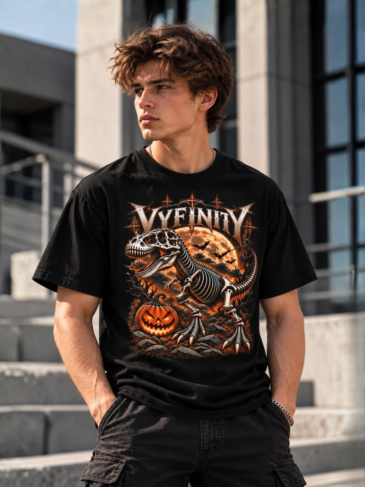 VYFINITY Dino T-Shirt – Dinosaurier Halloween Streetwear | Bio-Baumwolle