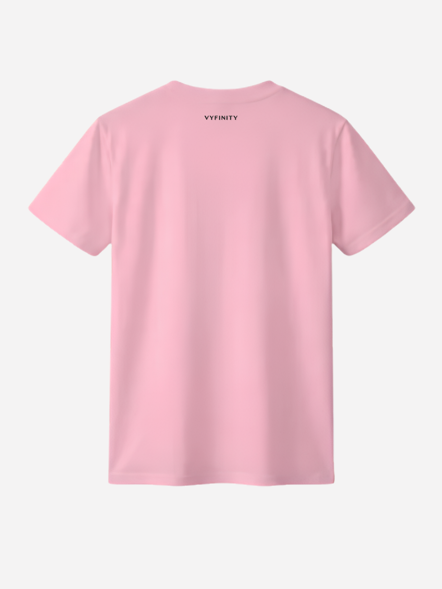 Rosa Damen T-Shirt Rückansicht mit kleinem Vyfinity Nackenlogo. Modernes Streetwear Fashion Shirt aus hochwertiger Baumwolle mit zeitlosem und minimalistischem Look.