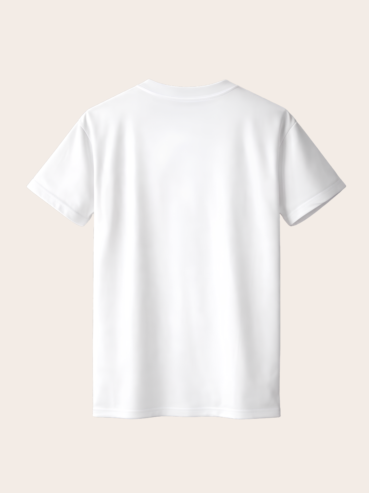 Rückansicht eines schlichten weißen VYFINITY T-Shirts ohne Rückenprint. Klassischer Rundhalsausschnitt, kurze Ärmel und gerade Passform. Freigestellte Produktaufnahme vor warmem, cremefarbenem Hintergrund.