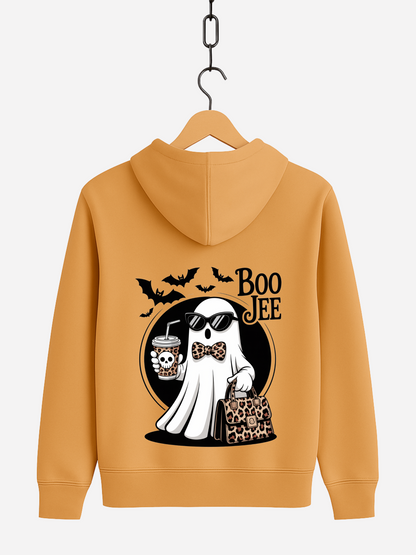 Mokka Zipper mit Rückendruck: cooles Geist-Motiv mit Sonnenbrille, Schleife und Leoparden-Tasche, dazu Schriftzug Boo Jee und fliegende Fledermäuse.