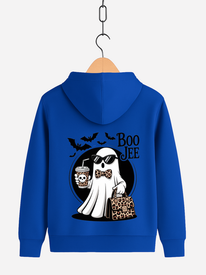 Blaue Zipper mit Rückendruck: cooles Geist-Motiv mit Sonnenbrille, Schleife und Leoparden-Tasche, dazu Schriftzug Boo Jee und fliegende Fledermäuse.