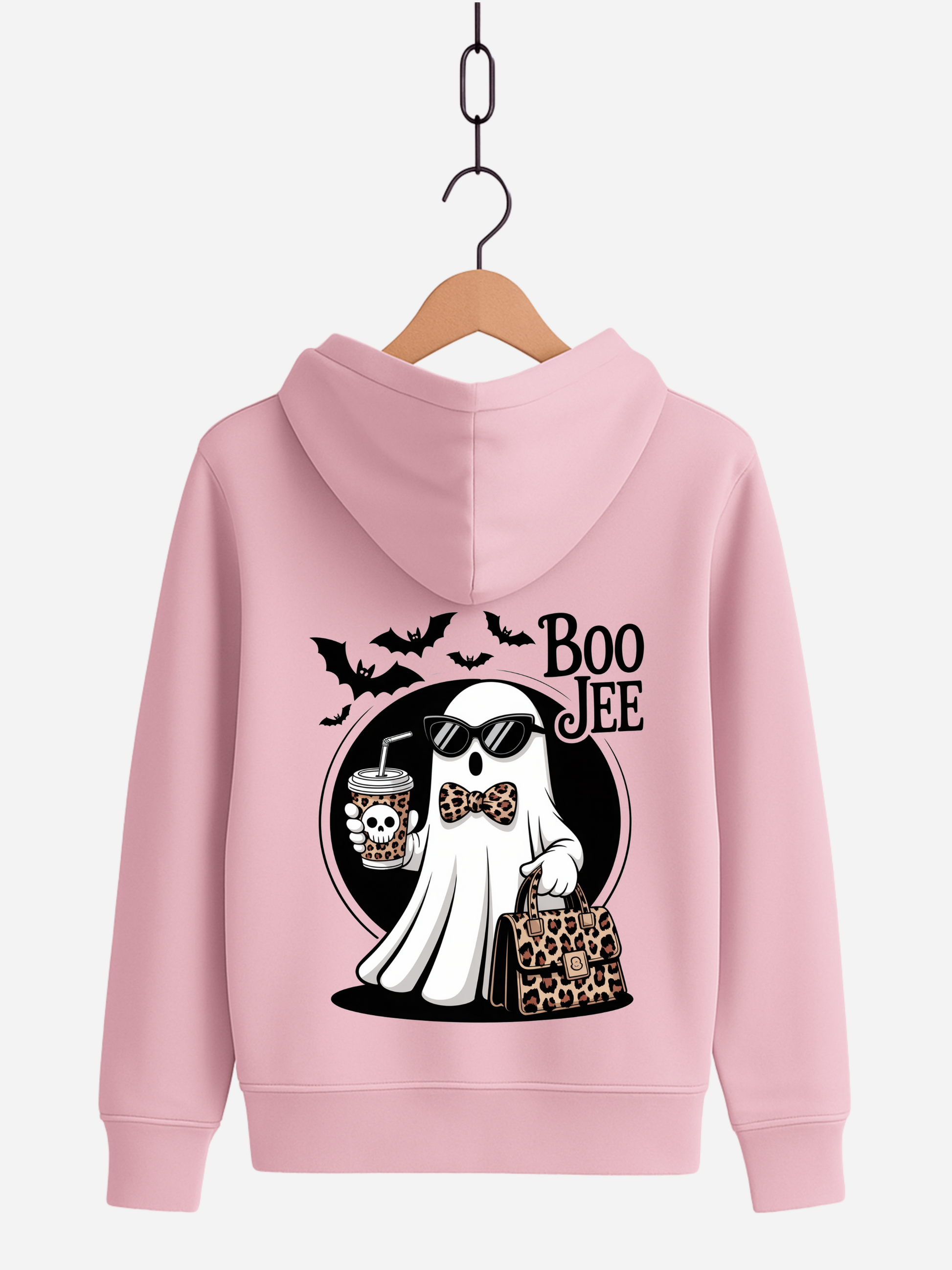 Rosa Zipper mit Rückendruck: cooles Geist-Motiv mit Sonnenbrille, Schleife und Leoparden-Tasche, dazu Schriftzug Boo Jee und fliegende Fledermäuse.