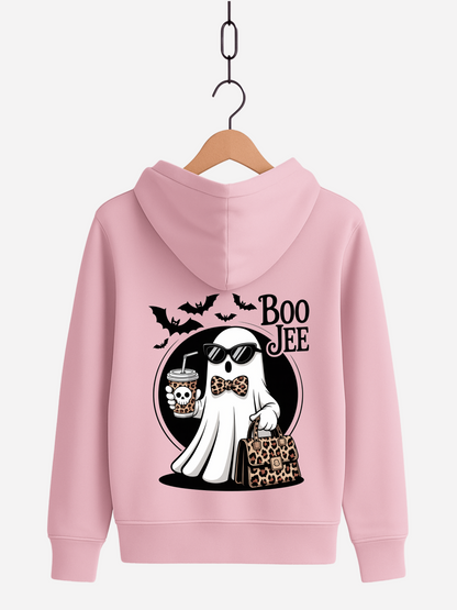Rosa Zipper mit Rückendruck: cooles Geist-Motiv mit Sonnenbrille, Schleife und Leoparden-Tasche, dazu Schriftzug Boo Jee und fliegende Fledermäuse.