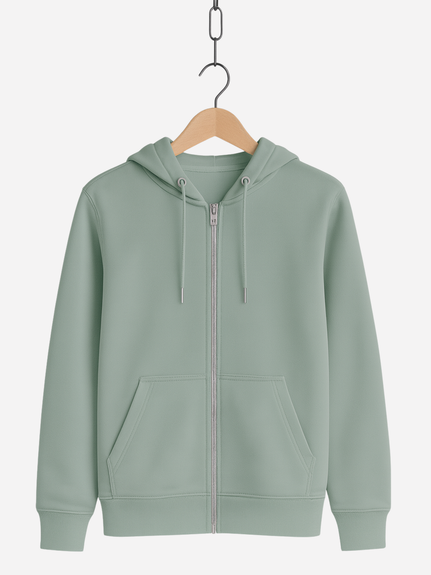 Unisex Zipper Hoodie in Aloe mit Kapuze, Kordeln, Reißverschluss und Fronttaschen, auf Bügel präsentiert.