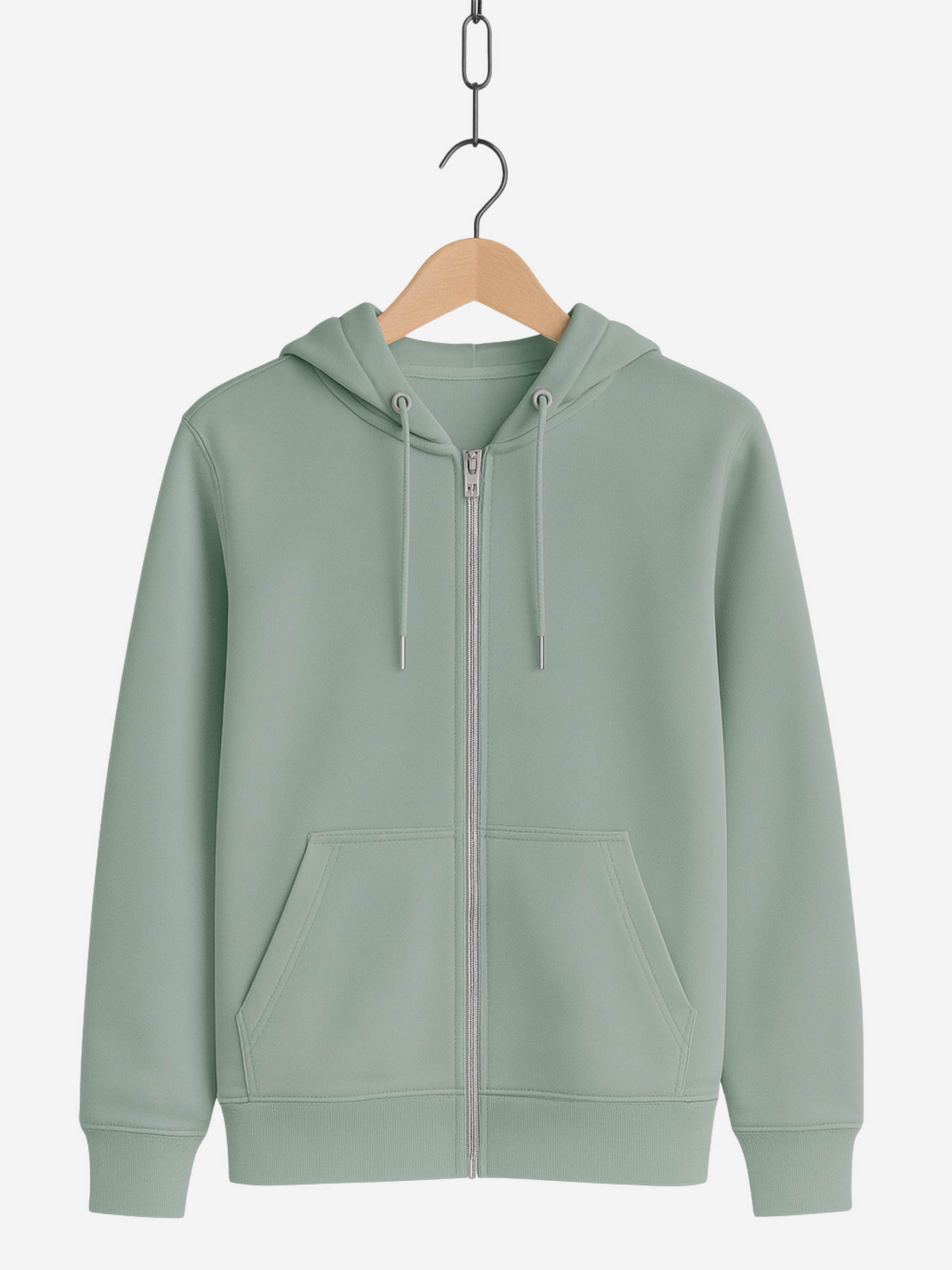 Unisex Zipper Hoodie in Aloe mit Kapuze, Kordeln, Reißverschluss und Fronttaschen, auf Bügel präsentiert.