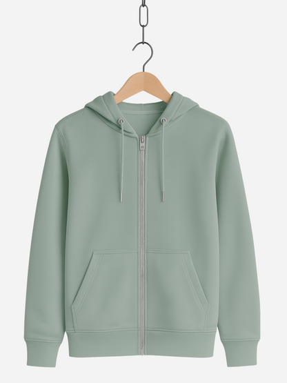 Unisex Zipper Hoodie in Aloe mit Kapuze, Kordeln, Reißverschluss und Fronttaschen, auf Bügel präsentiert.