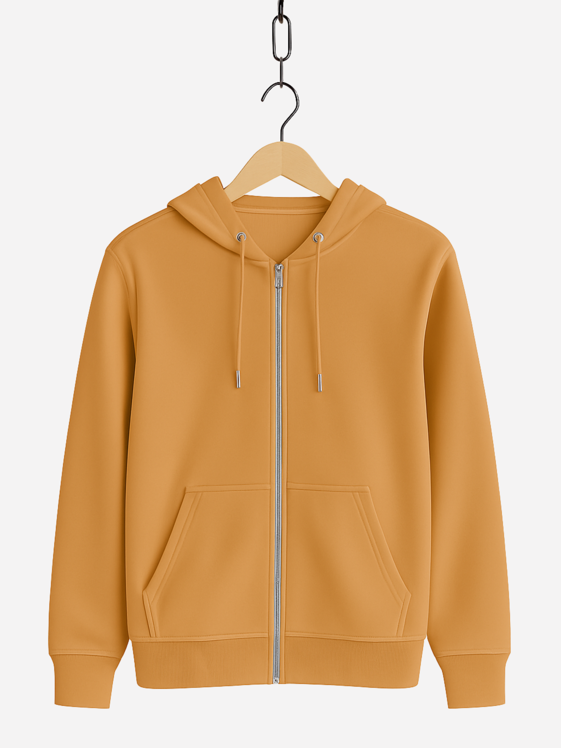 Unisex Zipper Hoodie in Mokka mit Kapuze, Kordeln, Reißverschluss und Fronttaschen, auf Bügel präsentiert.