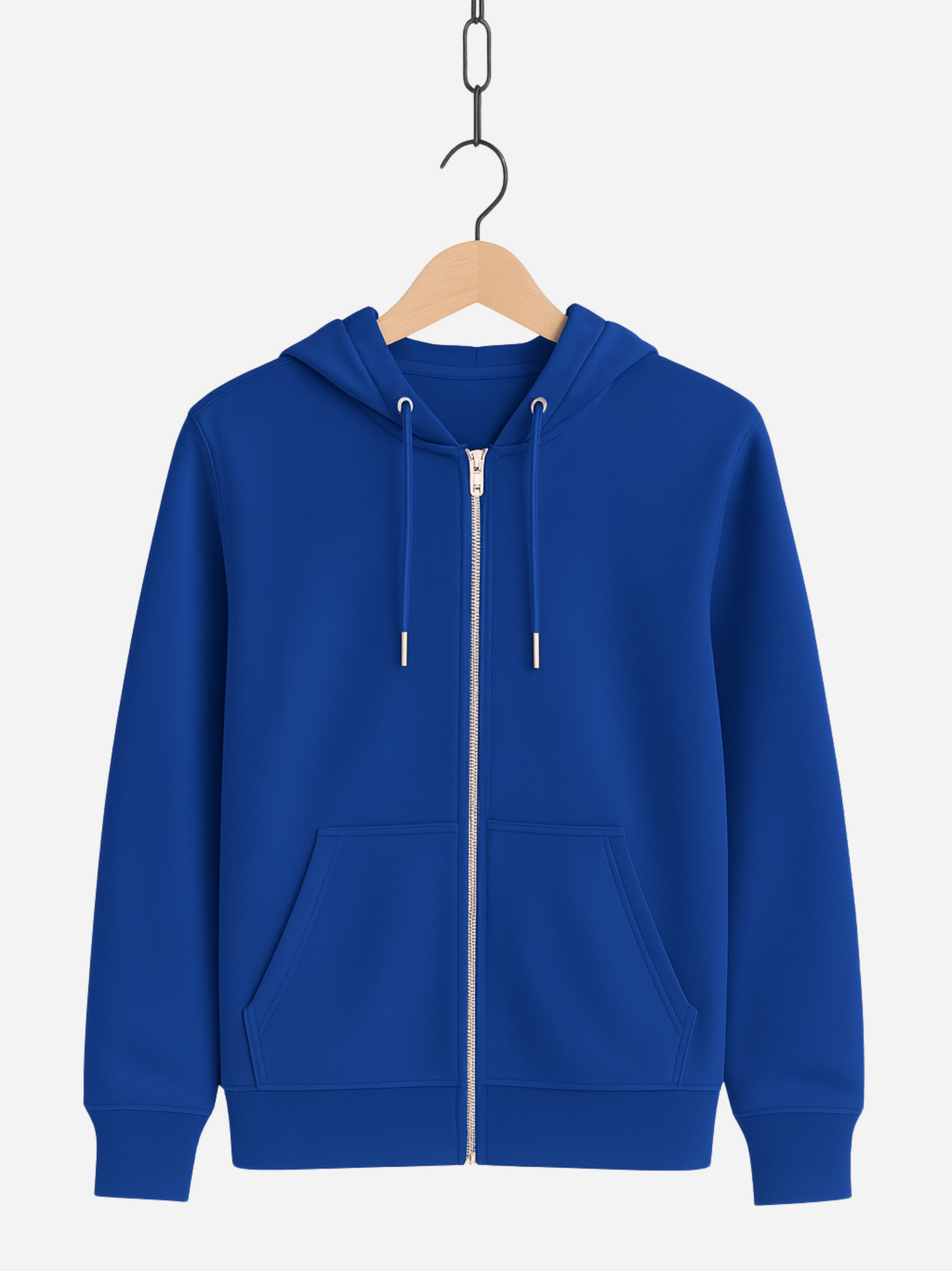 Unisex Zipper Hoodie in blau mit Kapuze, Kordeln, Reißverschluss und Fronttaschen, auf Bügel präsentiert.