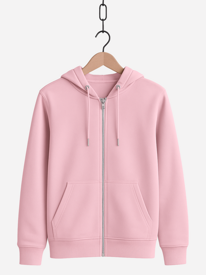 Unisex Zipper Hoodie in Rosa mit Kapuze, Kordeln, Reißverschluss und Fronttaschen, auf Bügel präsentiert.
