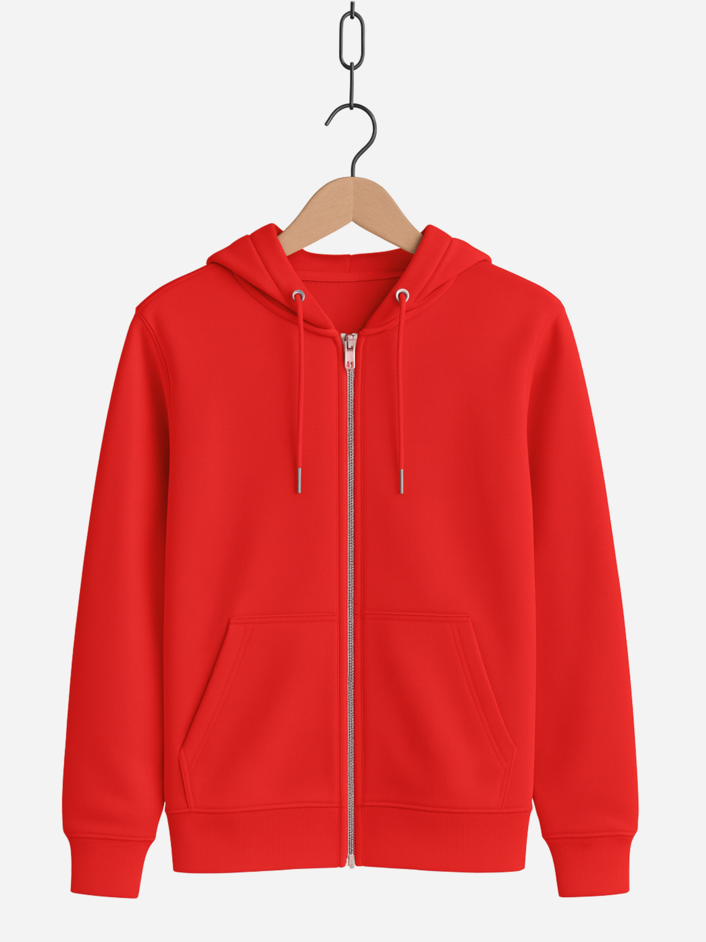 Unisex Zipper Hoodie in rot mit Kapuze, Kordeln, Reißverschluss und Fronttaschen, auf Bügel präsentiert.
