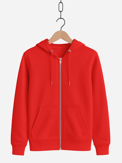 Unisex Zipper Hoodie in rot mit Kapuze, Kordeln, Reißverschluss und Fronttaschen, auf Bügel präsentiert.