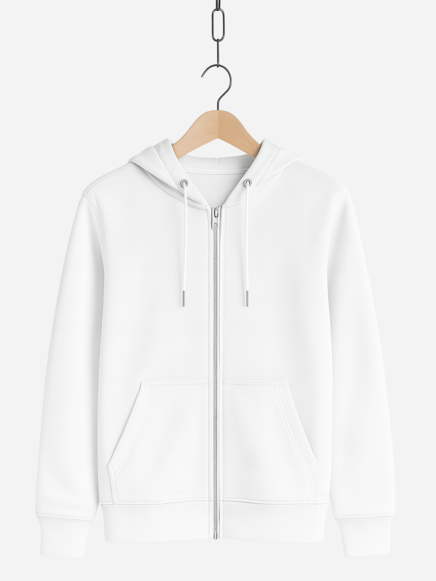 Unisex Zipper Hoodie in weiss mit Kapuze, Kordeln, Reißverschluss und Fronttaschen, auf Bügel präsentiert.