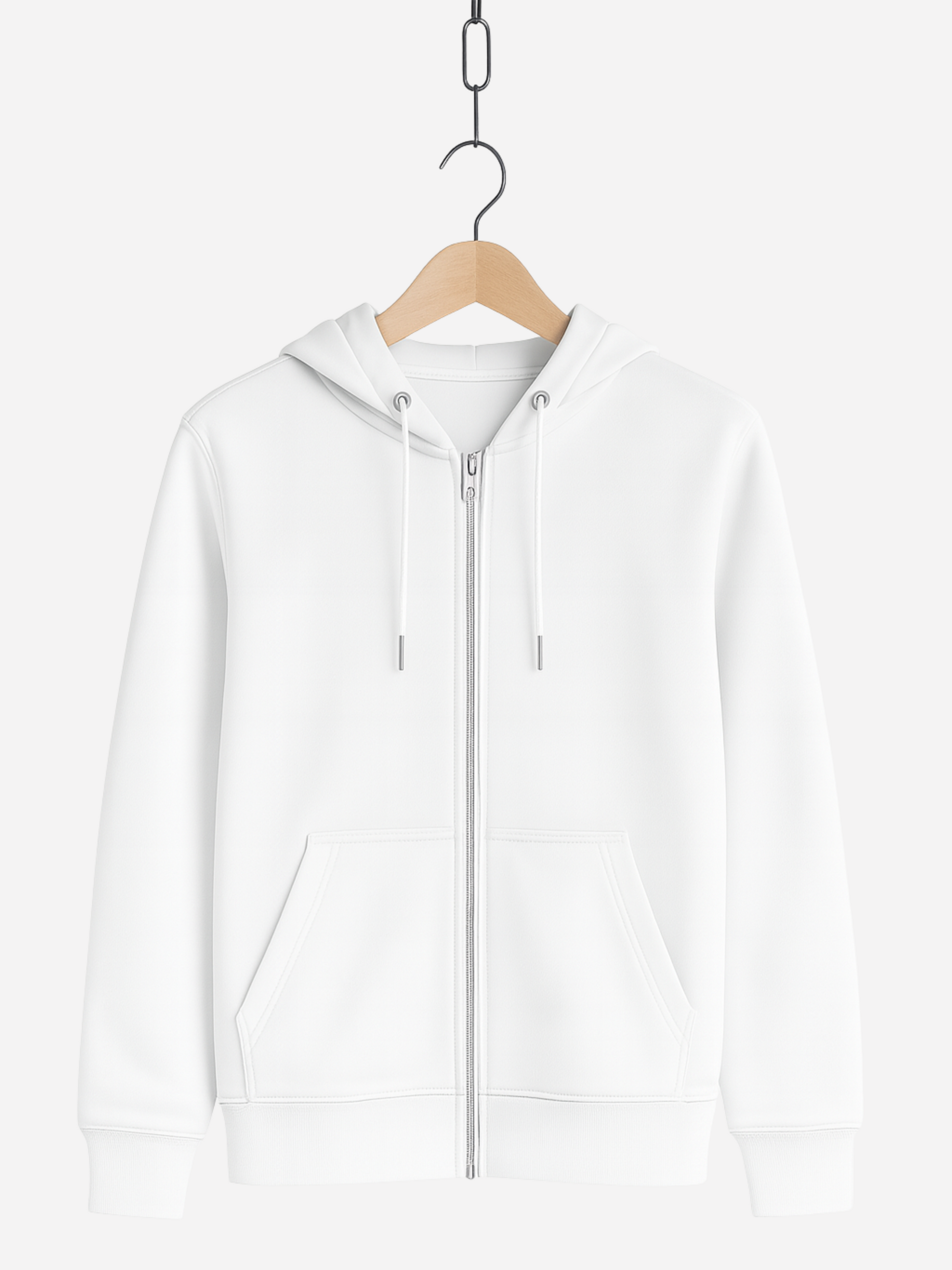 Unisex Zipper Hoodie in weiss mit Kapuze, Kordeln, Reißverschluss und Fronttaschen, auf Bügel präsentiert.
