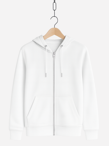 Unisex Zipper Hoodie in weiss mit Kapuze, Kordeln, Reißverschluss und Fronttaschen, auf Bügel präsentiert.