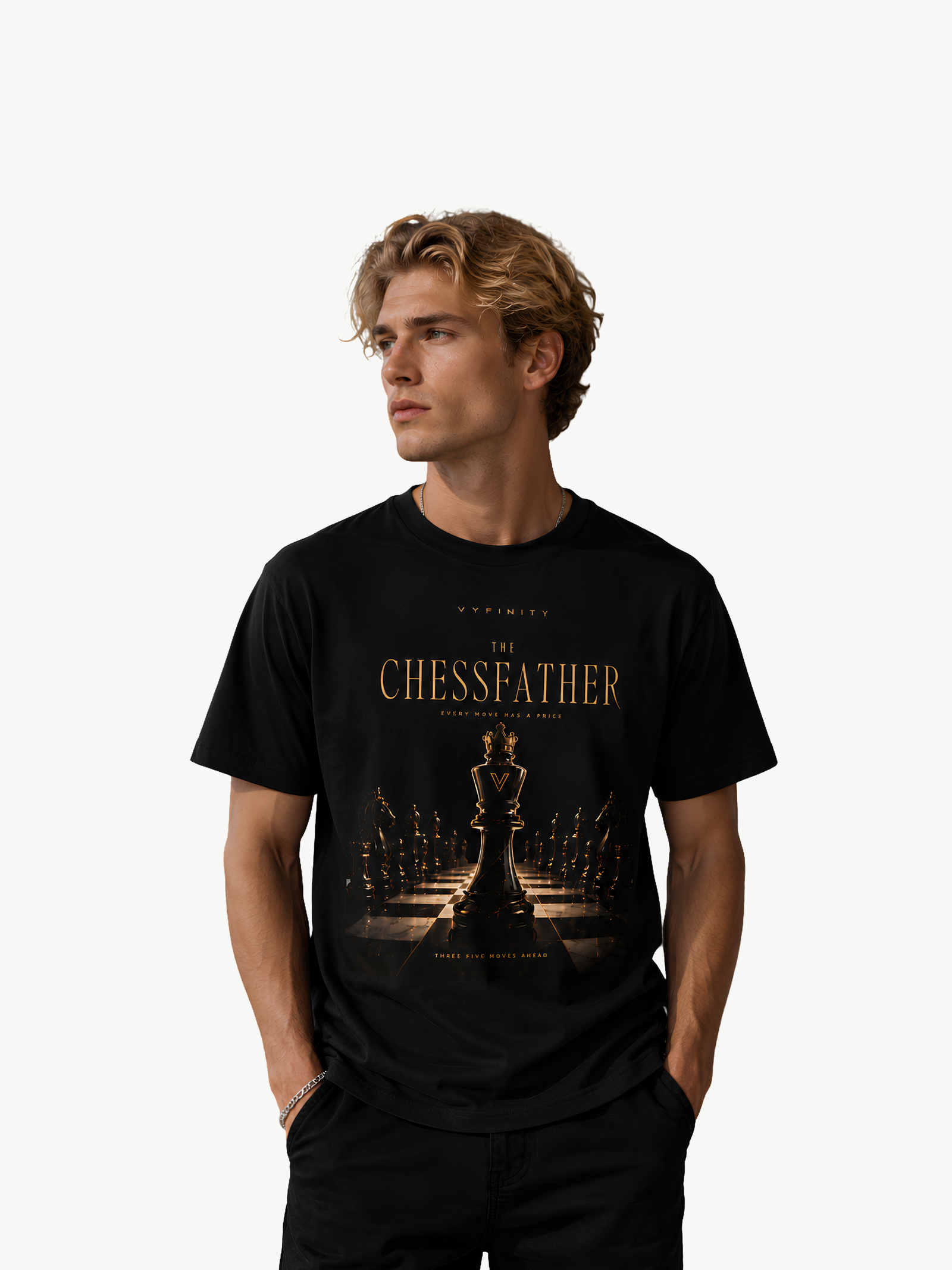 VYFINITY „The Chessfather“ schwarzes T-Shirt für Herren in Frontansicht mit goldfarbenem Schach-Design, Königsschachfigur und Schachbrett-Motiv, getragen von einem männlichen Model vor weißem Hintergrund.