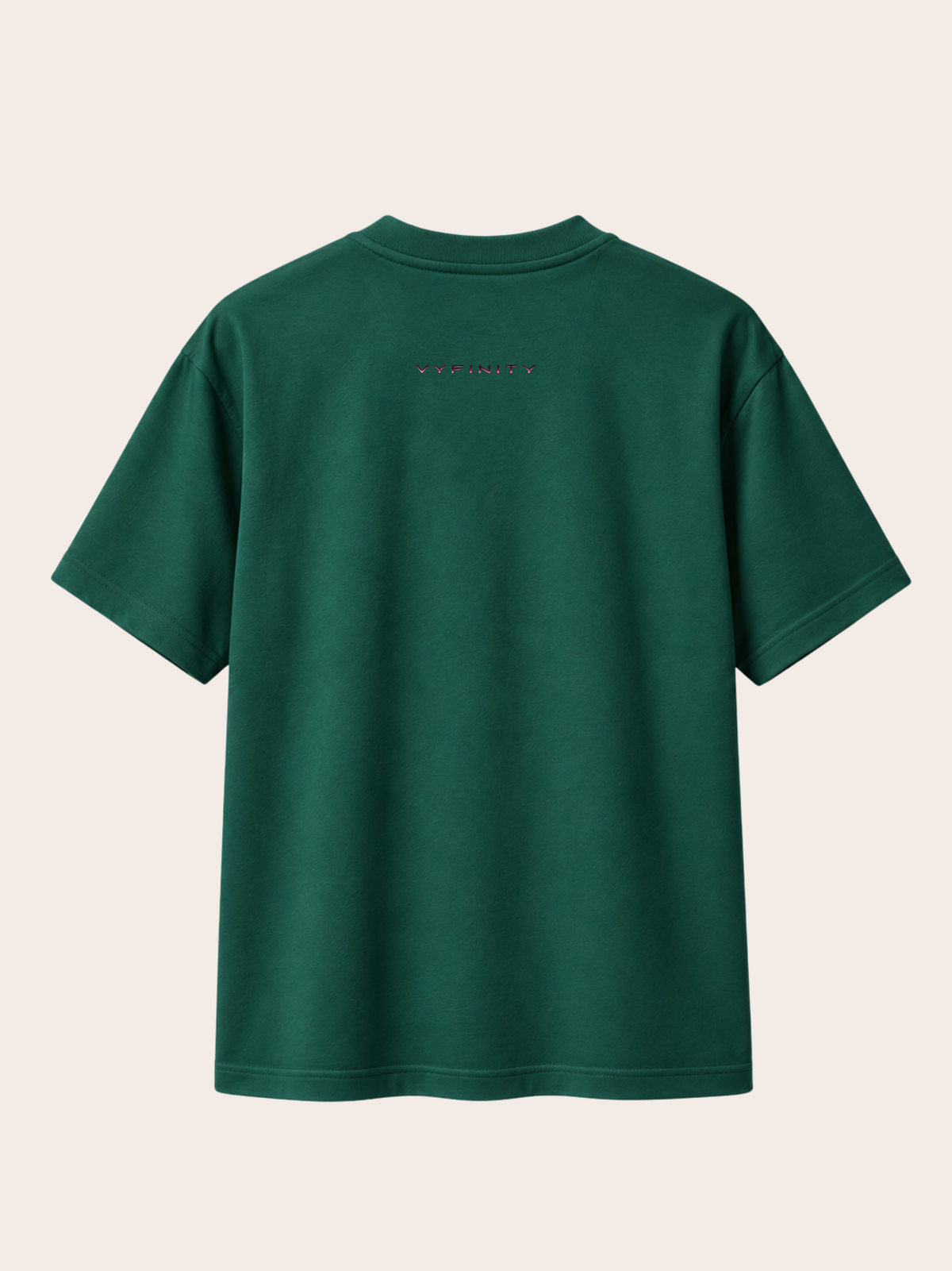 VYFINITY Control The Noise – Relaxed Fit T-Shirt 215 GSM – Dunkelgrün – Rückansicht – VYFINITY Logo
