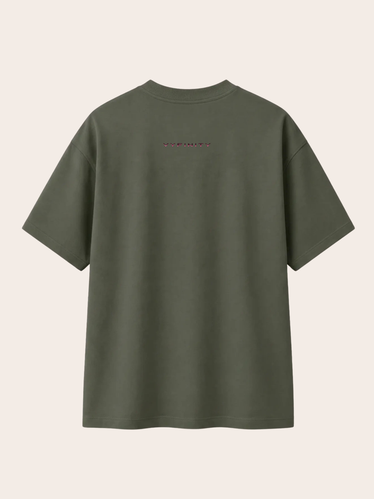 VYFINITY Control The Noise – Relaxed Fit T-Shirt 215 GSM – Khaki – Rückenansicht – VYFINITY Logo