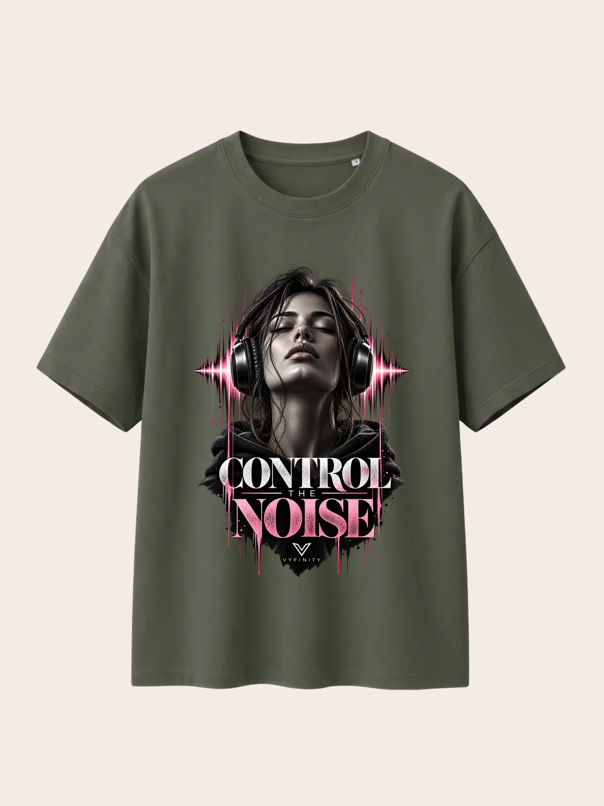 VYFINITY Control The Noise – Relaxed Fit T-Shirt 215 GSM – Khaki – Frontprint