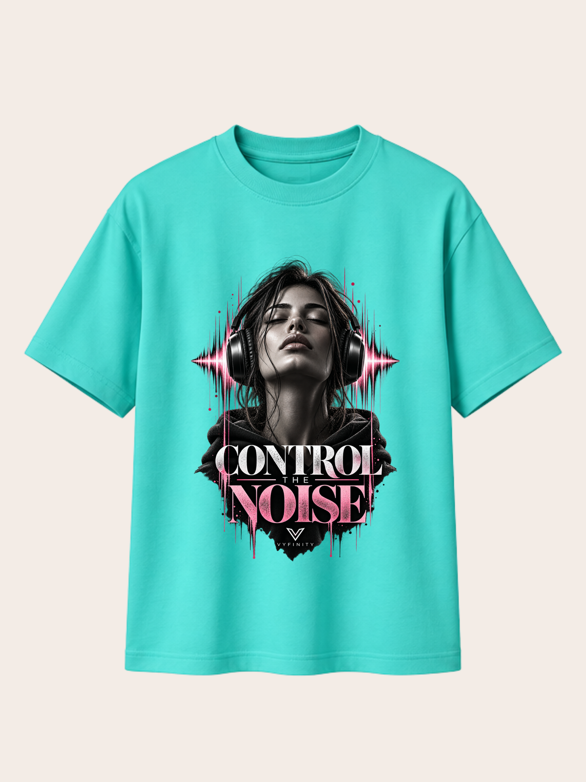 VYFINITY Control The Noise T-Shirt in Pool Blue mit Frauenmotiv, Kopfhörern und pink-schwarzem Frontprint
