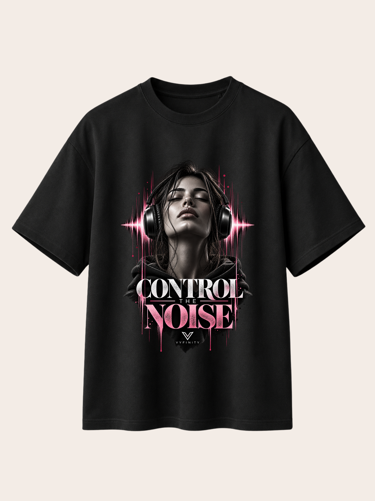 VYFINITY Control The Noise – Relaxed Fit T-Shirt 215 GSM – Schwarz – Frontprint