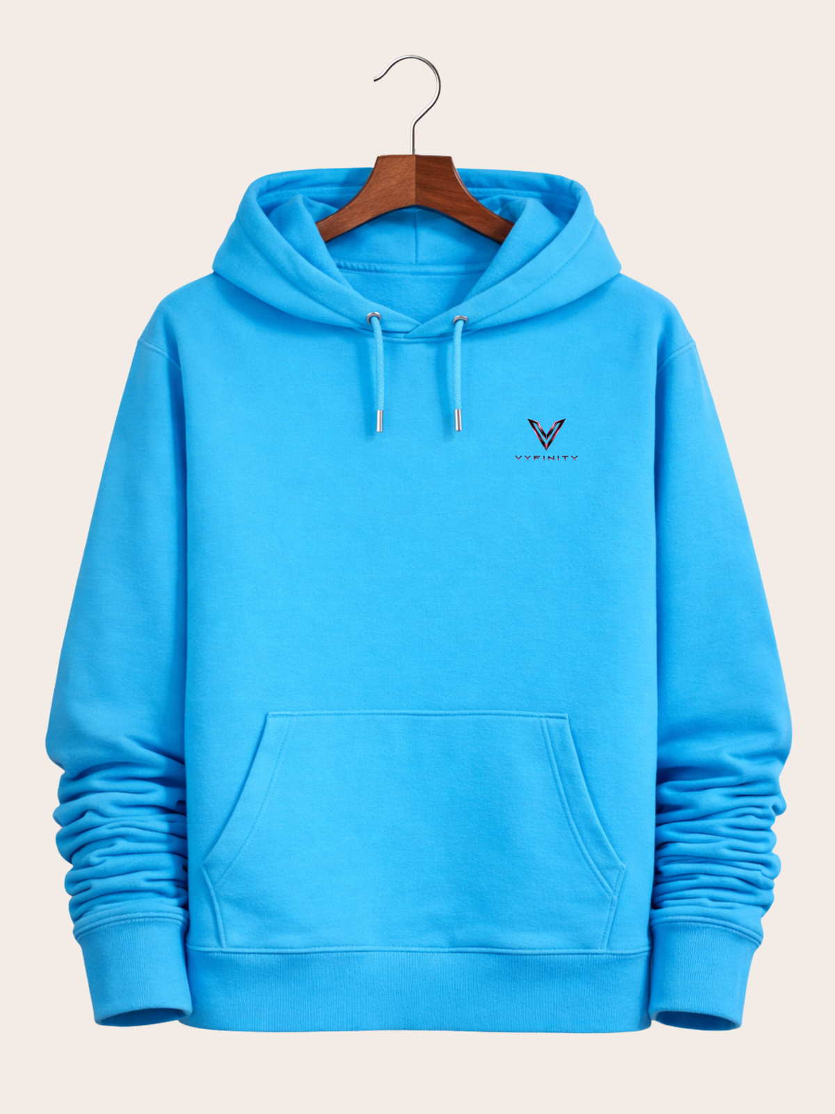 Vyfinity Control The Noise Hoodie – Aqua Blue – 350 GSM – Frontansicht mit kleinem Vyfinity Brustlogo