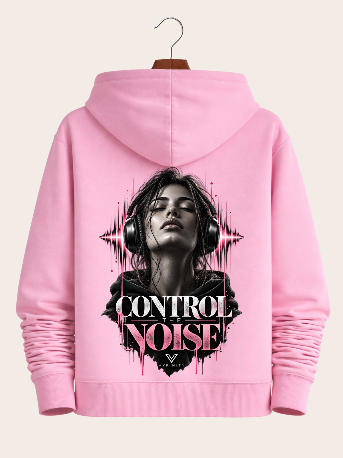 Vyfinity Control The Noise Hoodie – Cotton Pink – 350 GSM – Rückansicht mit großem Control The Noise Backprint