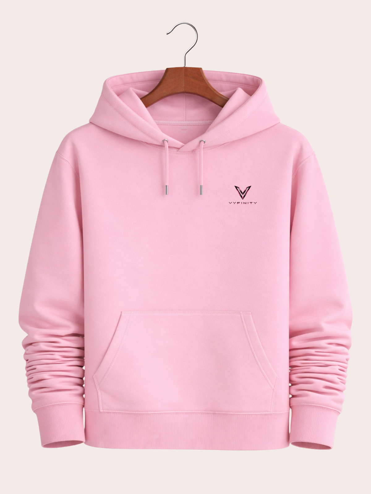 Vyfinity Control The Noise Hoodie – Cotton Pink – 350 GSM – Vorderansicht mit kleinem Vyfinity Brustlogo