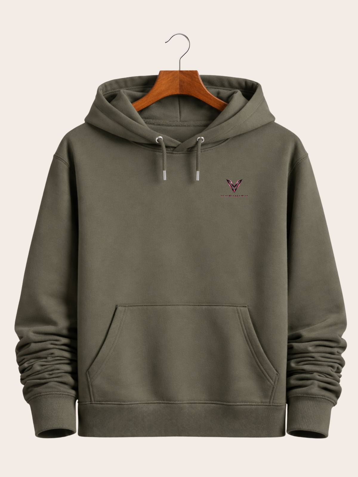Vyfinity Control The Noise Hoodie – Khaki – 350 GSM – Frontansicht mit kleinem Vyfinity Brustlogo